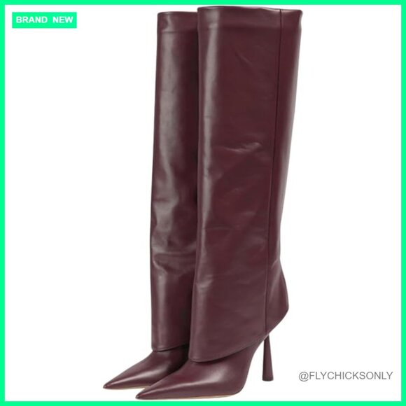 Pointed Toe Stiletto Heel Knee High Boots Slip On Fold Over